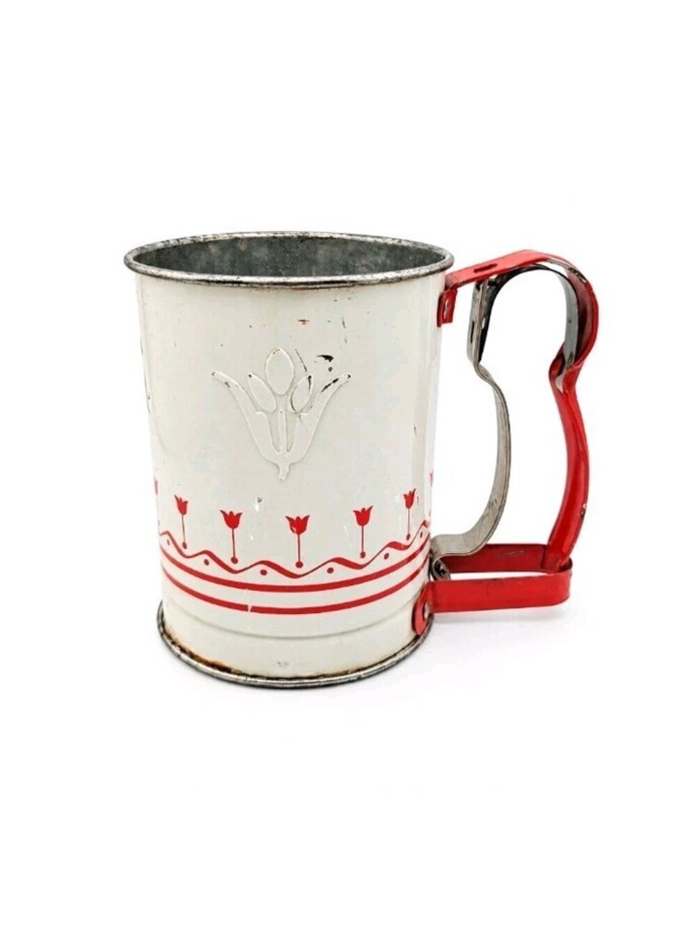 Vintage Androck Hand-i-Sift Jr. Flour Sifter Red & White Tulips Made in the USA